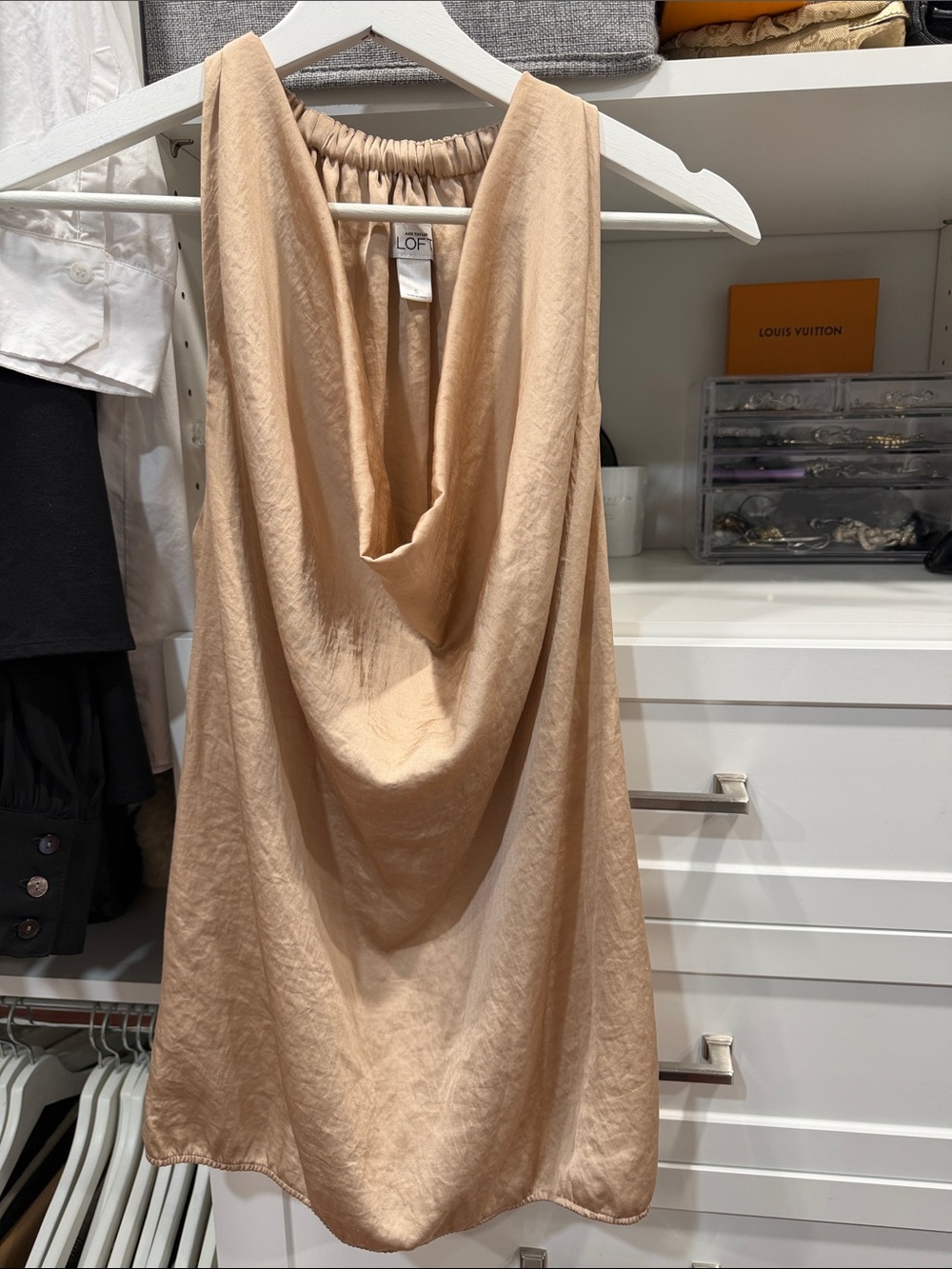 LOFT Nude-Beige Satin A-Line Shirt with Draped Cowl Neck